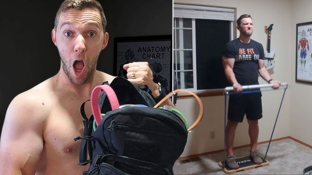 Home workout setup showing rucksack used for strength training to increase resistance and build muscle progressively
