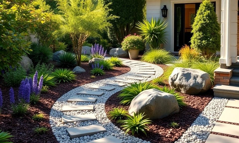 Front yard with affordable and simple landscaping, featuring plants and decorations that enhance curb appeal