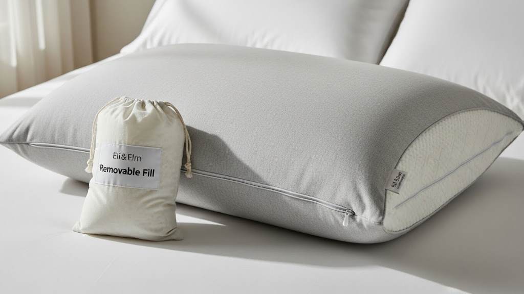Eli & Elm side sleeper pillow with adjustable loft and removable fill bag displayed