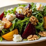 Creamy goat cheese crumbled over roasted beet salad with arugula and walnuts on white plate