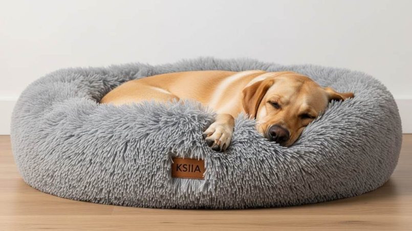 Fluffy gray KSIIA plush dog bed cradling a relaxed Labrador during nap time