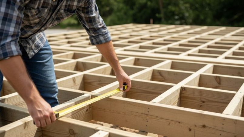 Professional contractor extending yellow tape measure across wooden deck frame during outdoor construction project