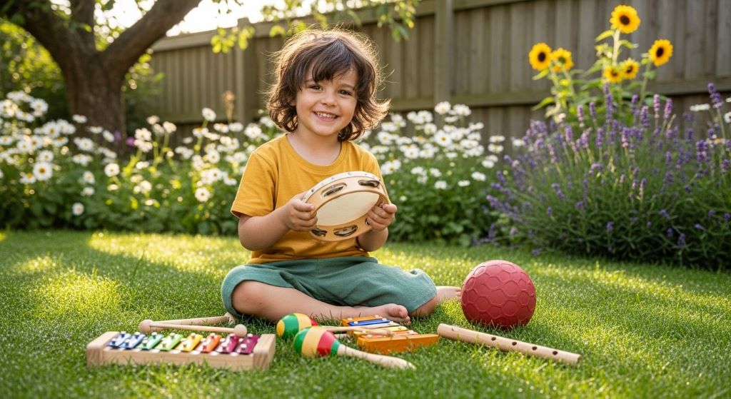 Child playing outdoors with eco-friendly toys including wooden instruments and natural rubber ball on grass in garden setting