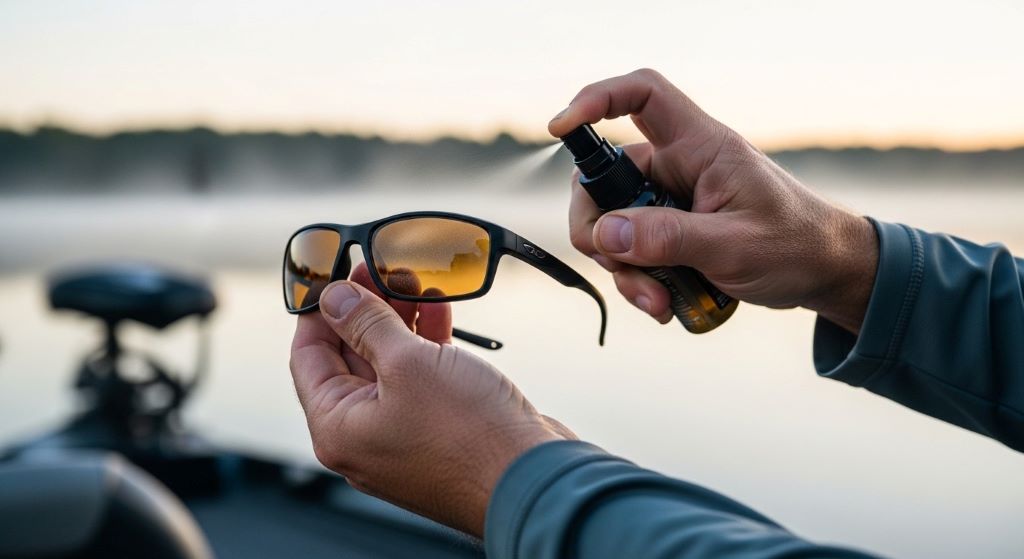 Angler applying anti-fog spray treatment to polarized fishing sunglasses before heading out on early morning fishing trip