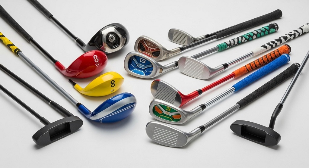 Child practicing golf with junior golf clubs