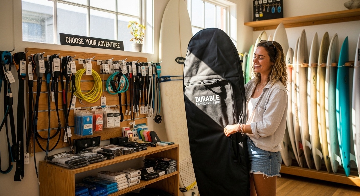 Surfboard travel accessories packed inside padded surf travel bag
