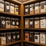 Organized pantry shelves stocked with clear containers of rice, beans, gluten-free flours, and dried goods with price tags showing affordable costs