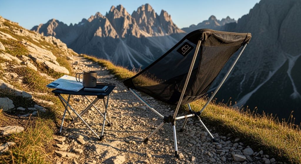 Compact travel chair set up on mountain trail showing lightweight portable camping seating option