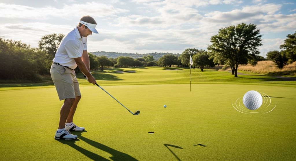 Golfer hitting pitch shot with high spin wedge creating backspin on green