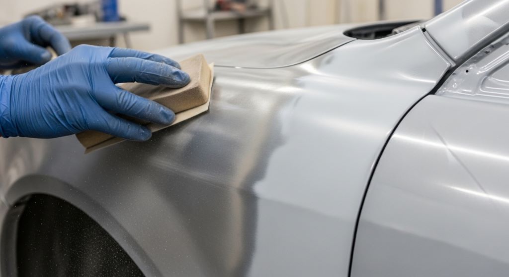 Close-up of sanding and priming a car surface for DIY automotive painting