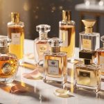 A collection of luxury perfume bottles displayed on a marble surface with soft golden lighting