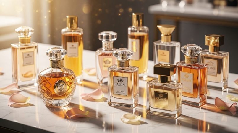 A collection of luxury perfume bottles displayed on a marble surface with soft golden lighting