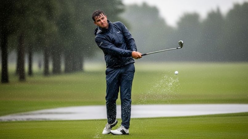 Golfer wearing waterproof jacket playing in heavy rain