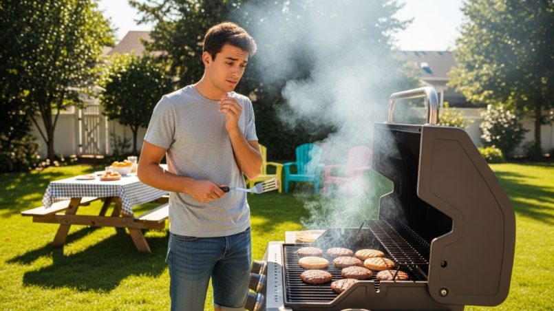 Beginner grilling burgers on a gas grill in a backyard on a sunny day