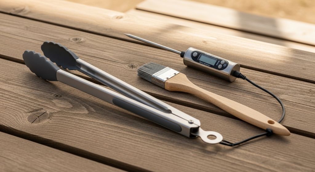 Essential grilling tools including tongs, brush, and thermometer laid on a wooden table