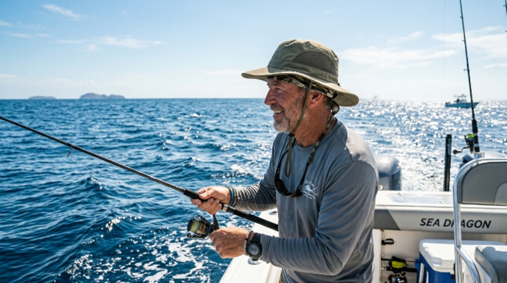 A lightweight boonie hat with mesh panels designed for hot weather fishing on open water