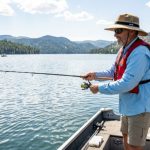 An angler wearing a wide-brim UPF 50+ fishing hat on a sunny lake during summer