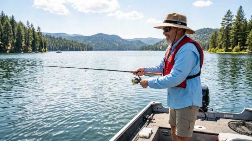 An angler wearing a wide-brim UPF 50+ fishing hat on a sunny lake during summer