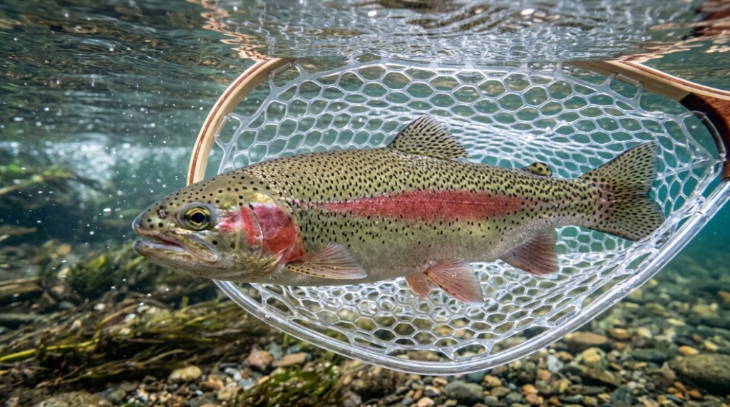 Rubber mesh kayak landing net holding a largemouth bass