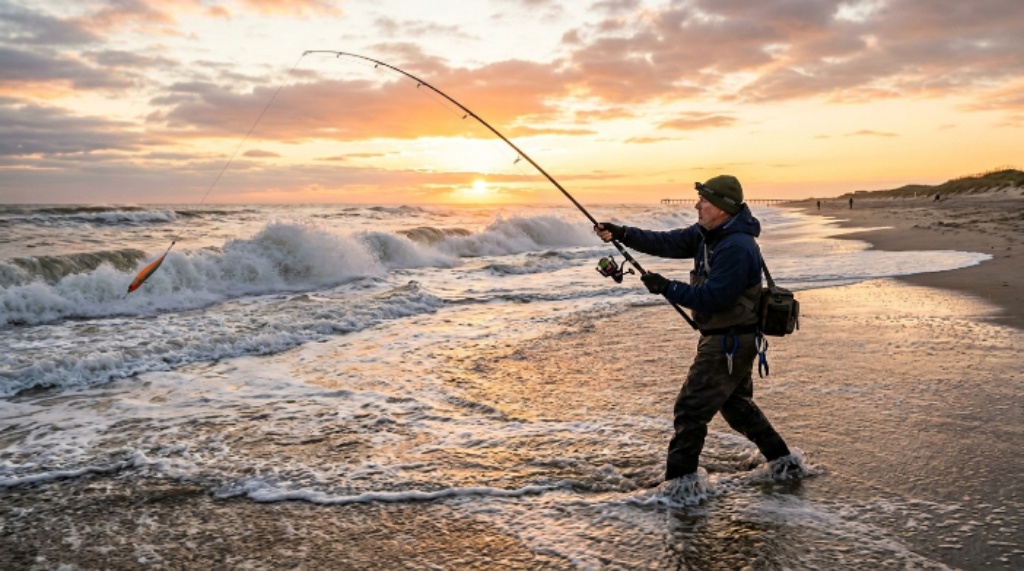 An angler casting a surf fishing lure into ocean waves along a sandy coastal shoreline at sunrise