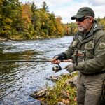 An angler wearing a neoprene wrist brace while holding a fishing rod on a river bank