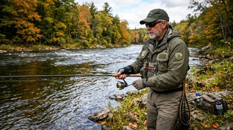 An angler wearing a neoprene wrist brace while holding a fishing rod on a river bank