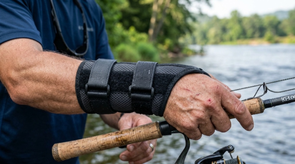 Close-up of a wrist brace with adjustable straps worn by a fisherman during a casting session