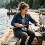 A beginner angler using a fishing line spooler to wind monofilament onto a spinning reel on a wooden dock