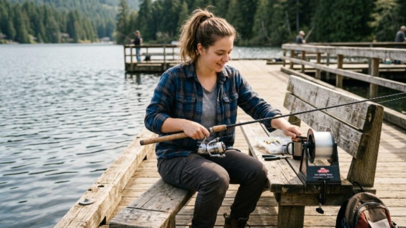 A beginner angler using a fishing line spooler to wind monofilament onto a spinning reel on a wooden dock