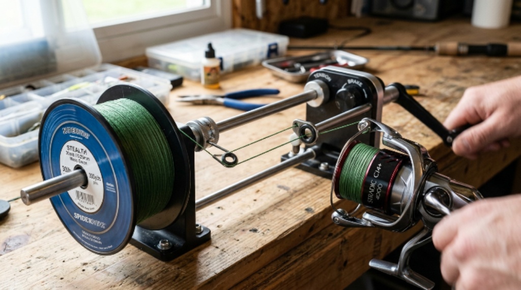 Close-up of a fishing line spooler holding a supply spool with line transferring evenly onto a reel