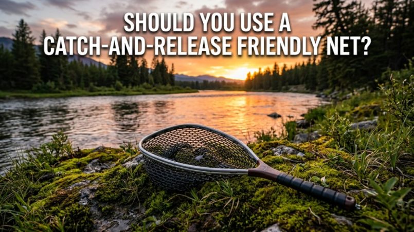 Angler using a compact fishing net beside a fishing kayak