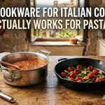 Premium stainless steel saucepan and ingredients on a wooden Italian kitchen counter.