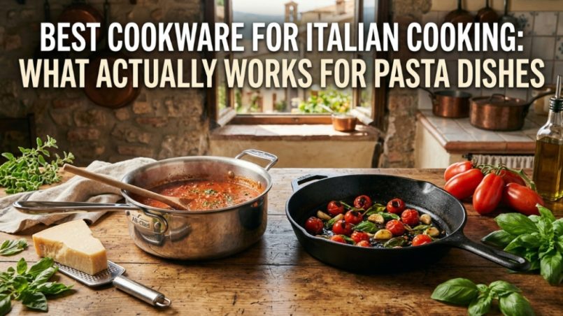 Premium stainless steel saucepan and ingredients on a wooden Italian kitchen counter.