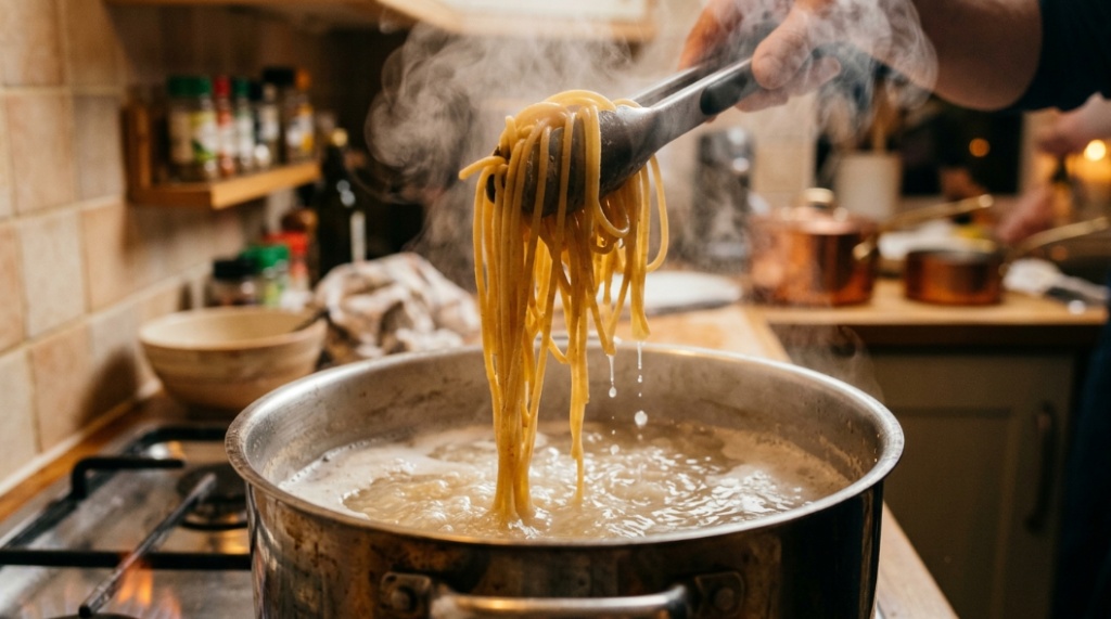 Lifting cooked spaghetti from a boiling stainless steel pot with metal tongs.