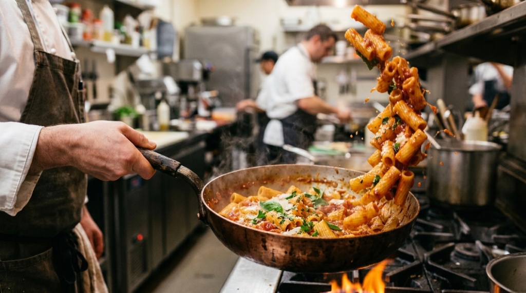 Fresh rigatoni pasta tossed in red tomato sauce inside a deep skillet.