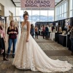 Bride trying on wedding gown at Colorado Bridal Show