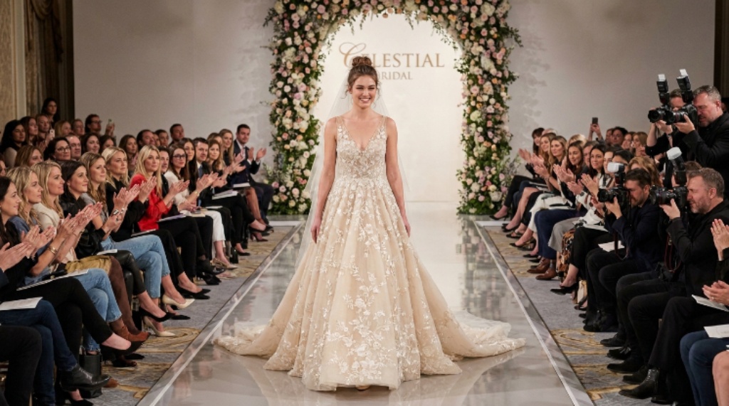 Bridal fashion show runway with model in wedding dress