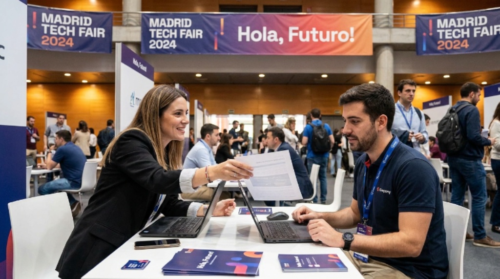A professional presenting their resume to a company recruiter at a Madrid technology career fair