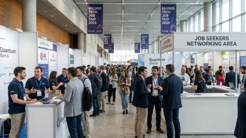 Job seekers networking with tech recruiters at the Madrid Tech Job Fair 2026 event hall