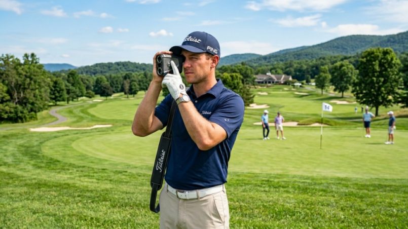 Golfer looking through a black laser rangefinder on a green golf course.