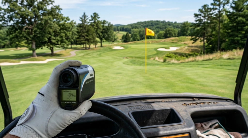 View through rangefinder lens showing target crosshairs locked onto a flag stick with yardage numbers.