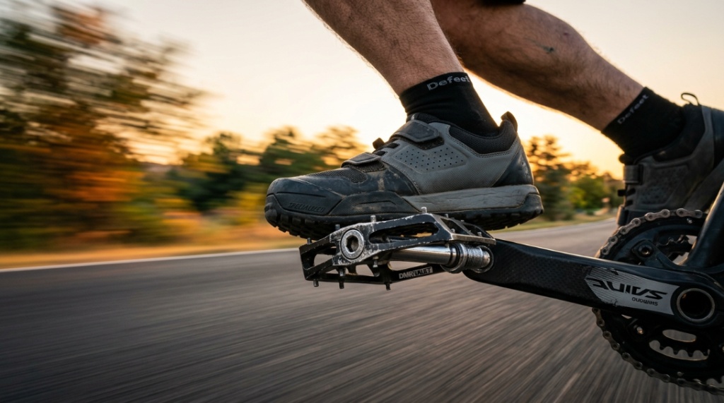 Close-up of a cycling shoe correctly positioned on a wide bike pedal.