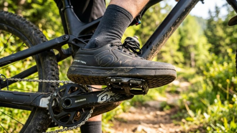 Cyclist riding with comfortable wide platform pedals on an open asphalt road.