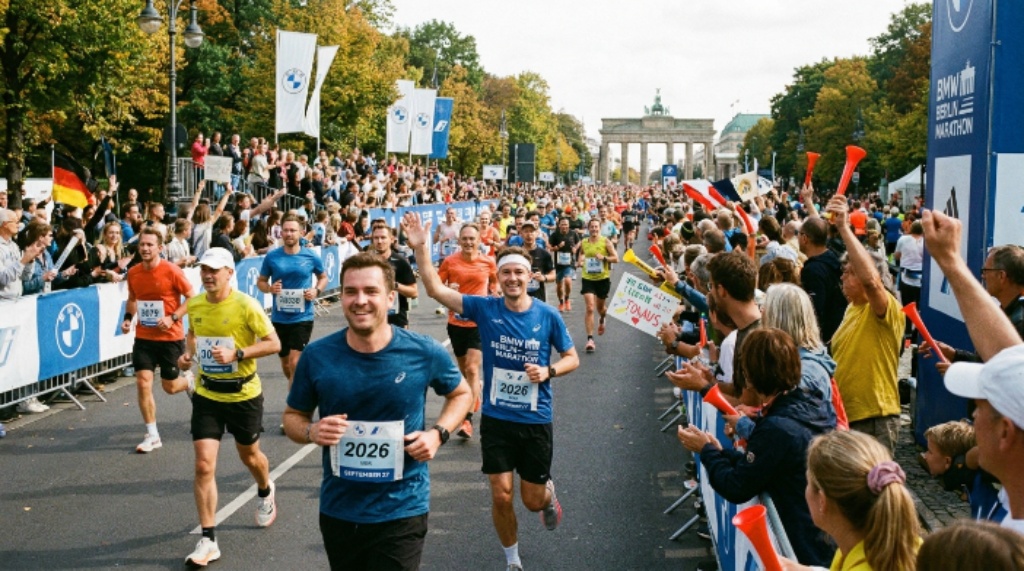 Spectators cheering runners along the flat, wide streets of central Berlin during the BMW Berlin-Marathon 2026 race on September 27