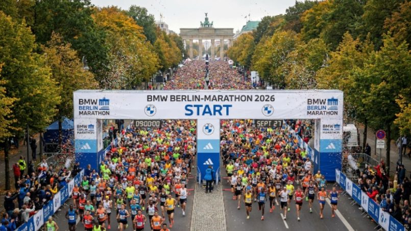 Tens of thousands of runners crossing the start line on the Straße des 17. Juni at the BMW Berlin-Marathon 2026 on September 27 in Berlin, Germany