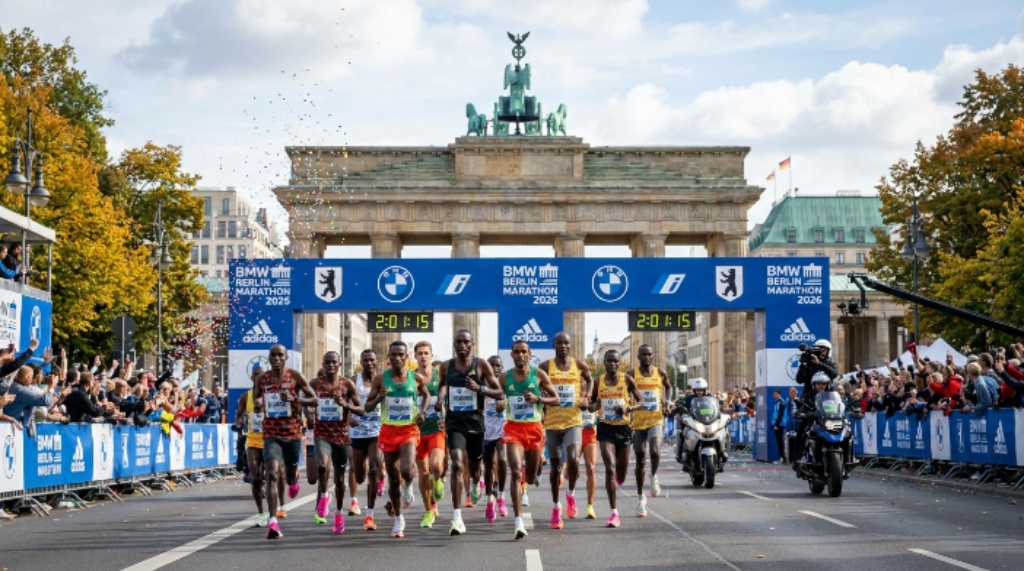Elite marathon runners approaching the iconic Brandenburg Gate finish line at the BMW Berlin-Marathon 2026 in Berlin