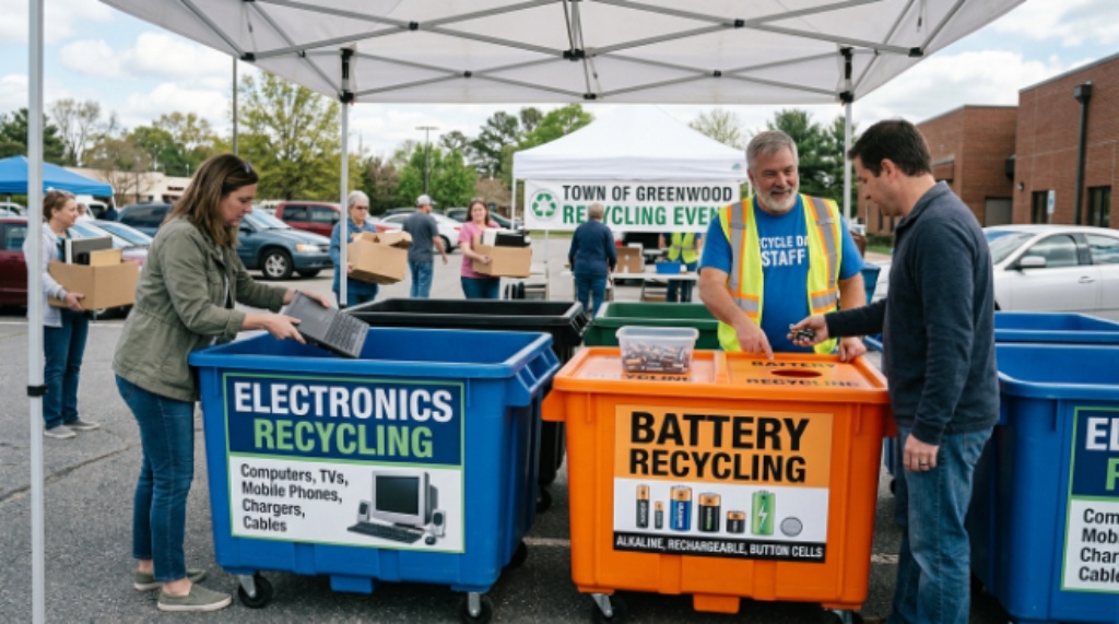 Recycling drop-off bins for electronics and batteries at a local collection event