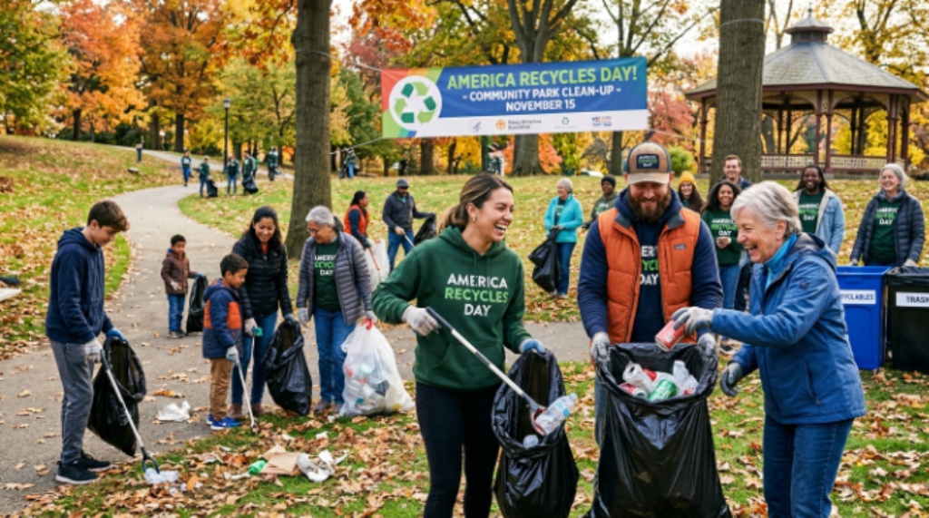 Group of people celebrating America Recycles Day with litter clean-up in a park