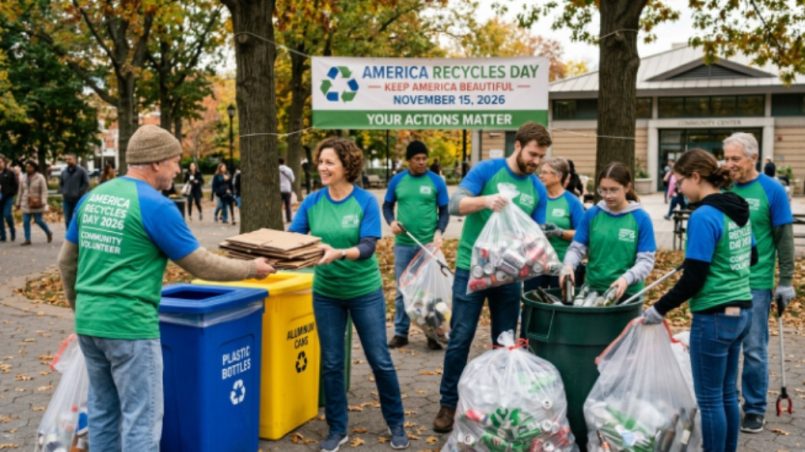 Community volunteers collecting recyclables during America Recycles Day 2026