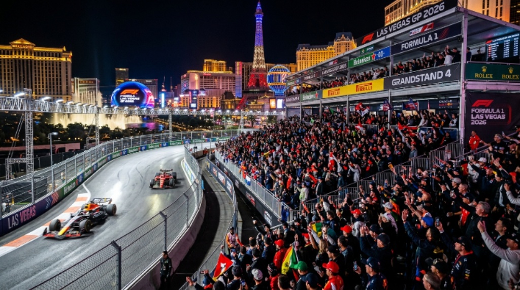 Grandstand seating along the Las Vegas Strip during the 2026 Formula 1 race weekend